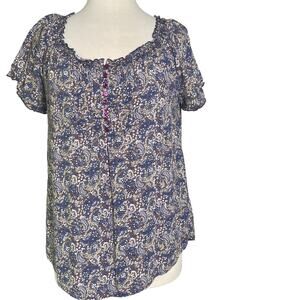 Faded Glory Blue Floral Patterned Peasant Top Blouse Plus Size S 4-6